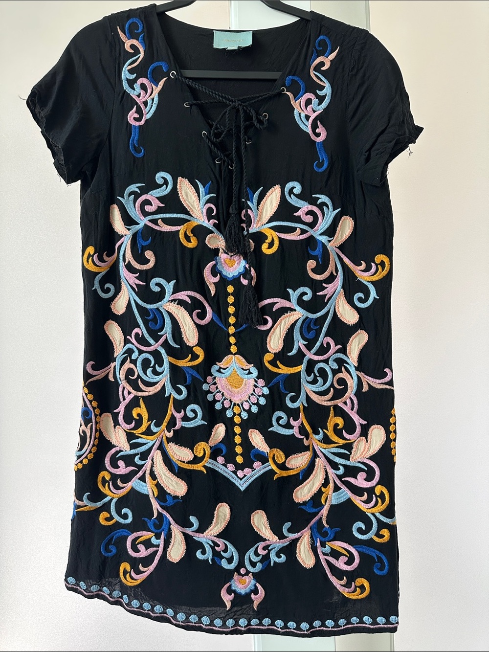 Skies Are Blue Black Mini Dress with Multicolor Embroidery